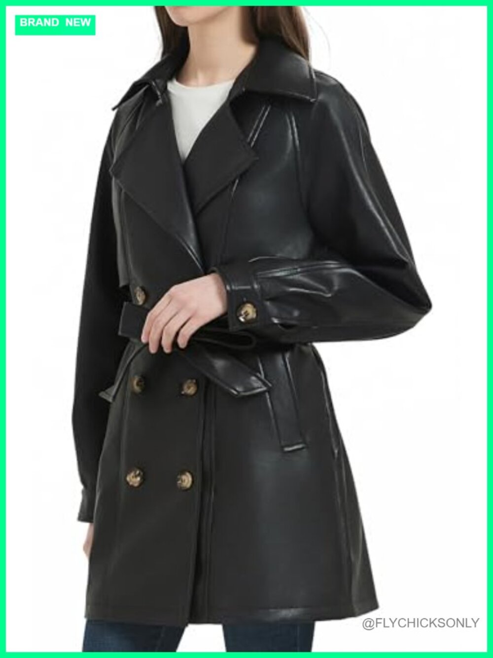 Faux Leather Mid Length Trench Coat Relaxed Fit Double Breasted